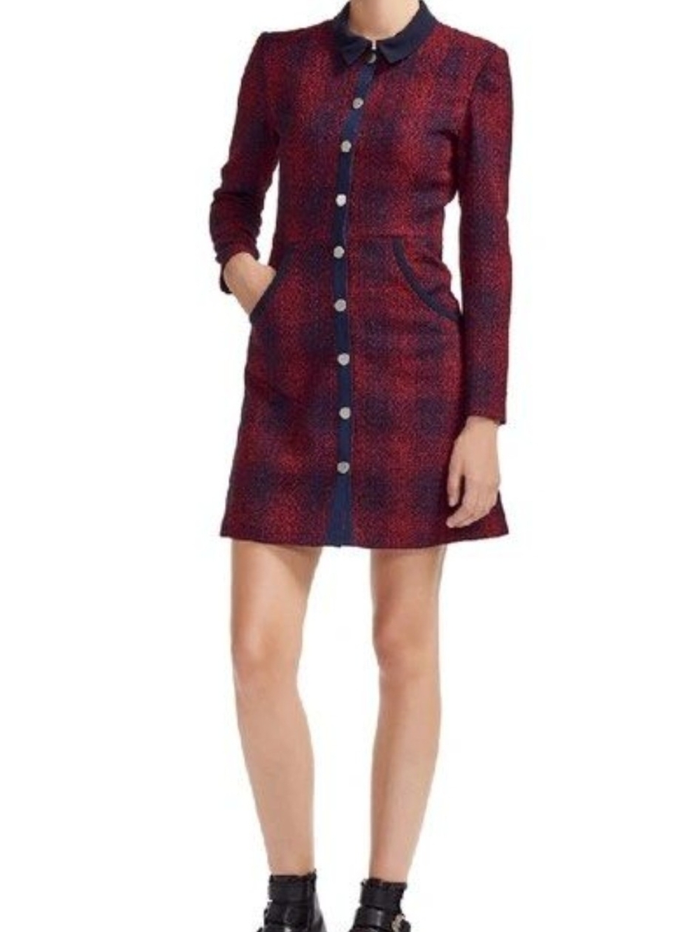 Maje Red and Navy Textured Plaid Trench Coat